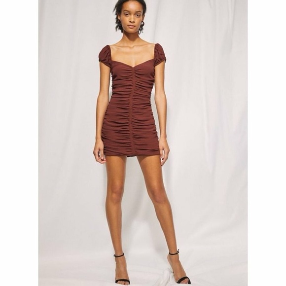 Wilfred Aritzia Brown Veda Ruched Off Shoulder Zip Up Bodycon Contour Mini Dress - Picture 17 of 17
